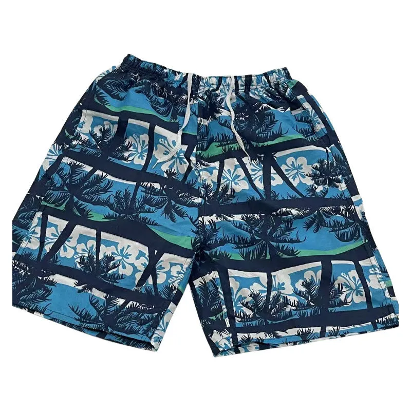Men's floral printed swimming trunks with five-point design in polyester fabric