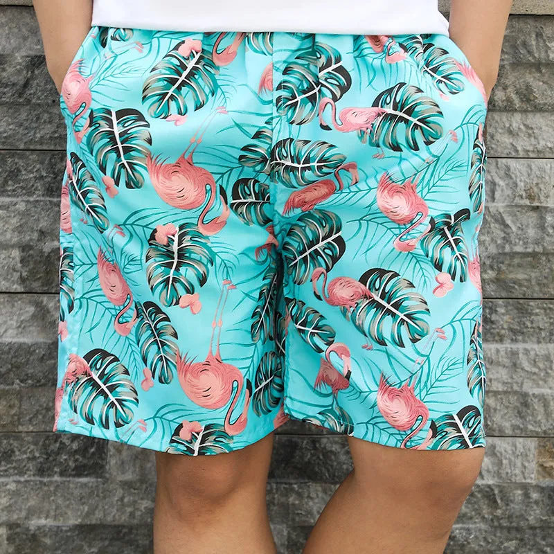 Men's floral printed swimming trunks with five-point design in polyester fabric