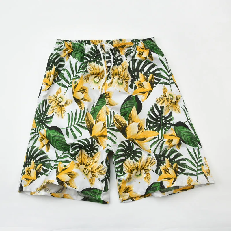 Men's floral printed swimming trunks with five-point design in polyester fabric