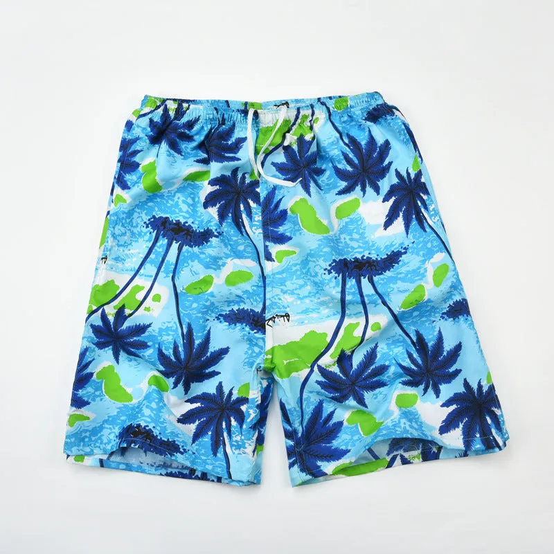 Men's floral printed swimming trunks with five-point design in polyester fabric