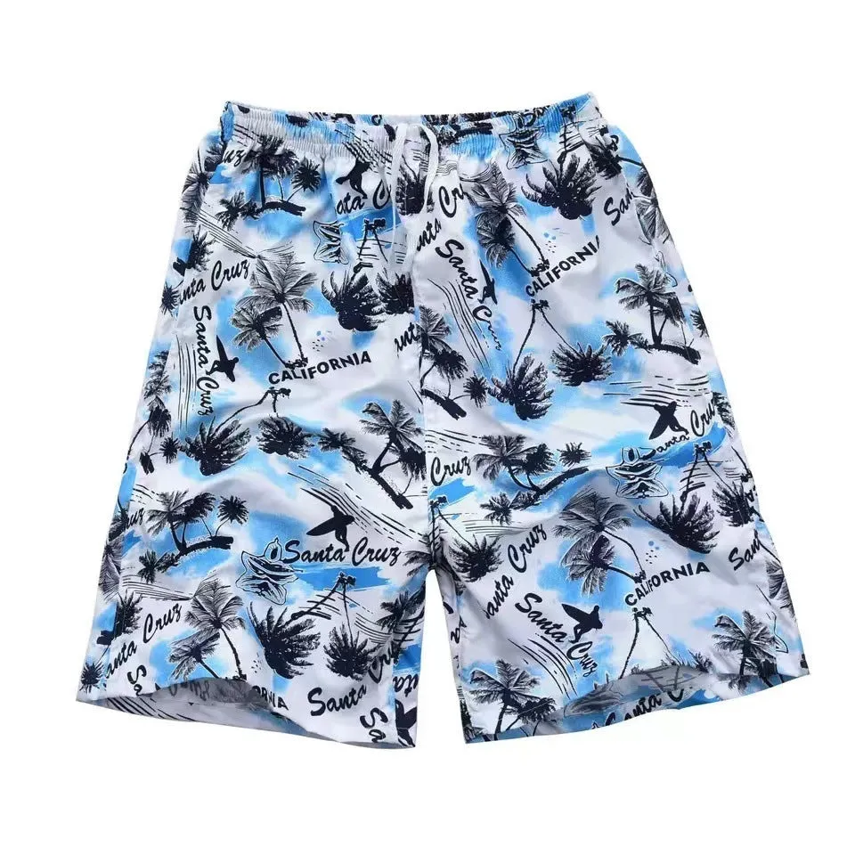 Men's floral printed swimming trunks with five-point design in polyester fabric