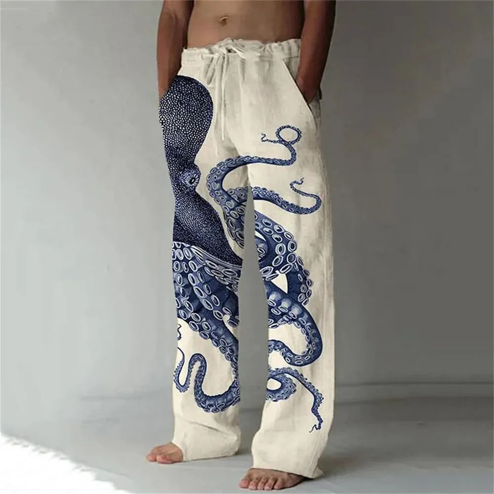 Men's loose casual pocket drawstring sweatpants in linen fabric, solid colour, side view