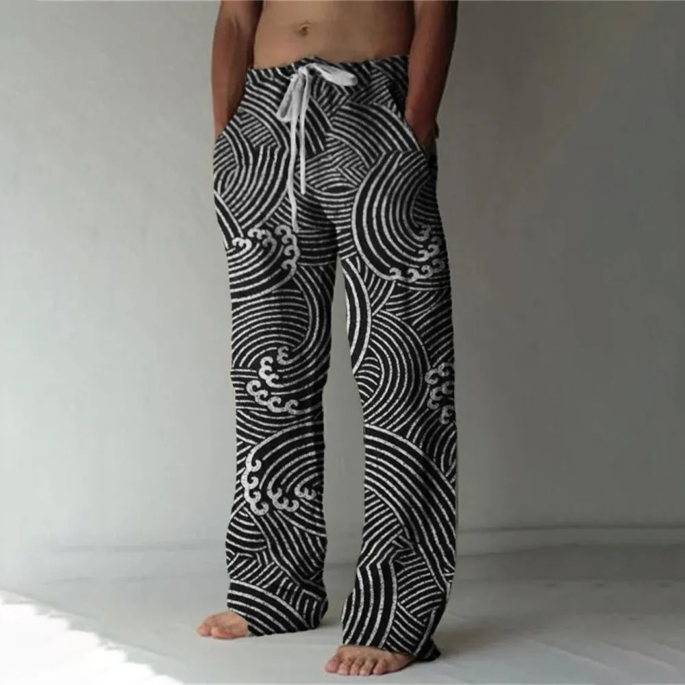 Men's loose casual pocket drawstring sweatpants in linen fabric, solid colour, side view