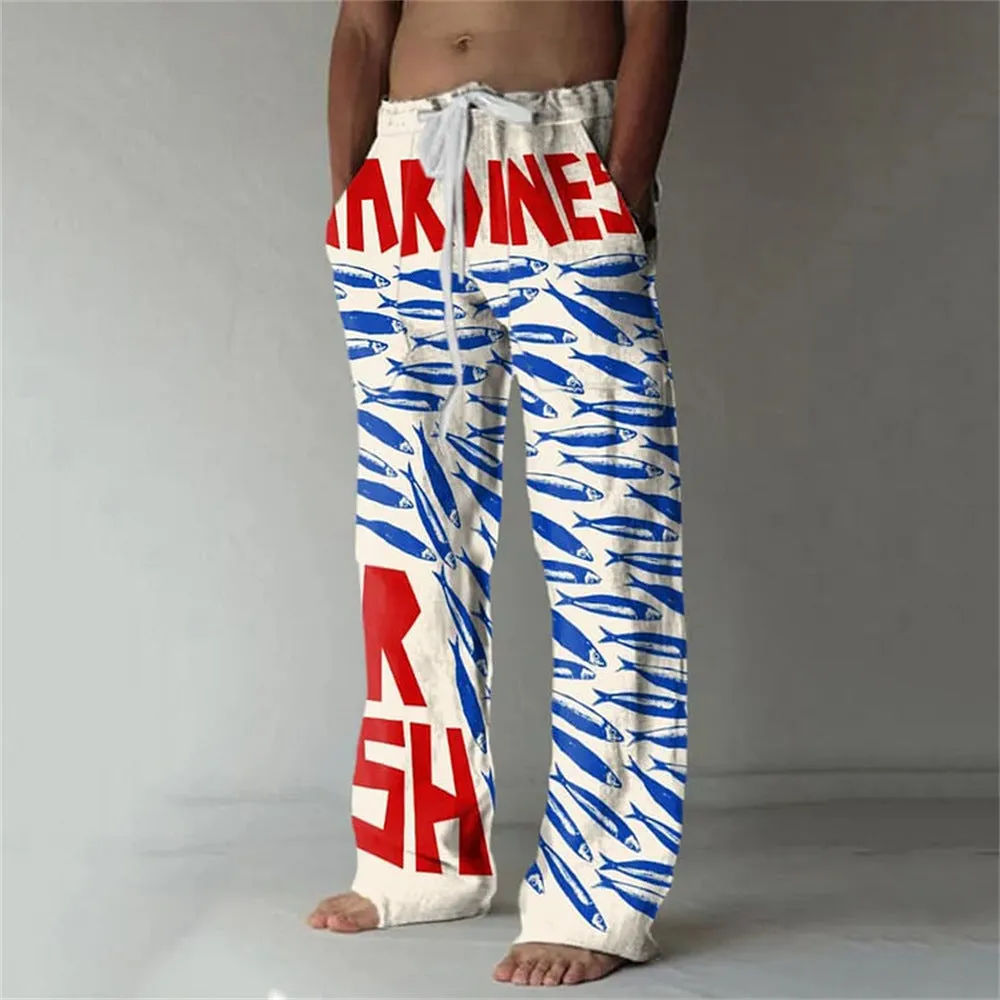 Men's loose casual pocket drawstring sweatpants in linen fabric, solid colour, side view