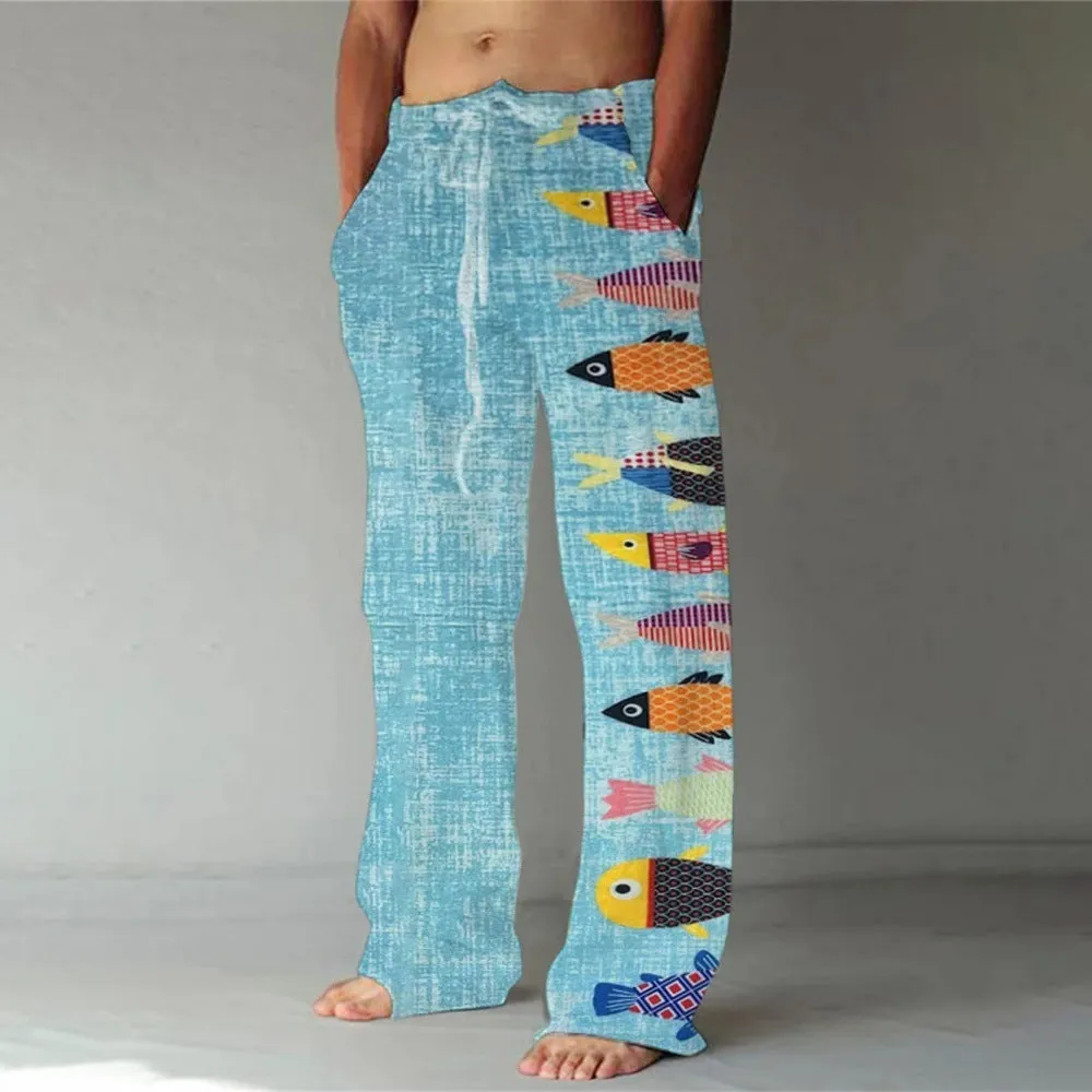 Men's loose casual pocket drawstring sweatpants in linen fabric, solid colour, side view
