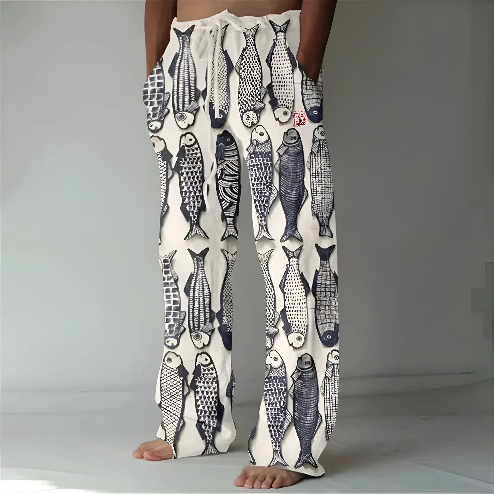 Men's loose casual pocket drawstring sweatpants in linen fabric, solid colour, side view