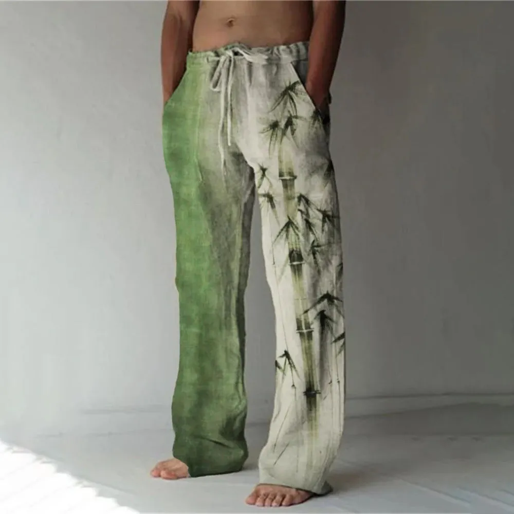 Men's loose casual pocket drawstring sweatpants in linen fabric, solid colour, side view