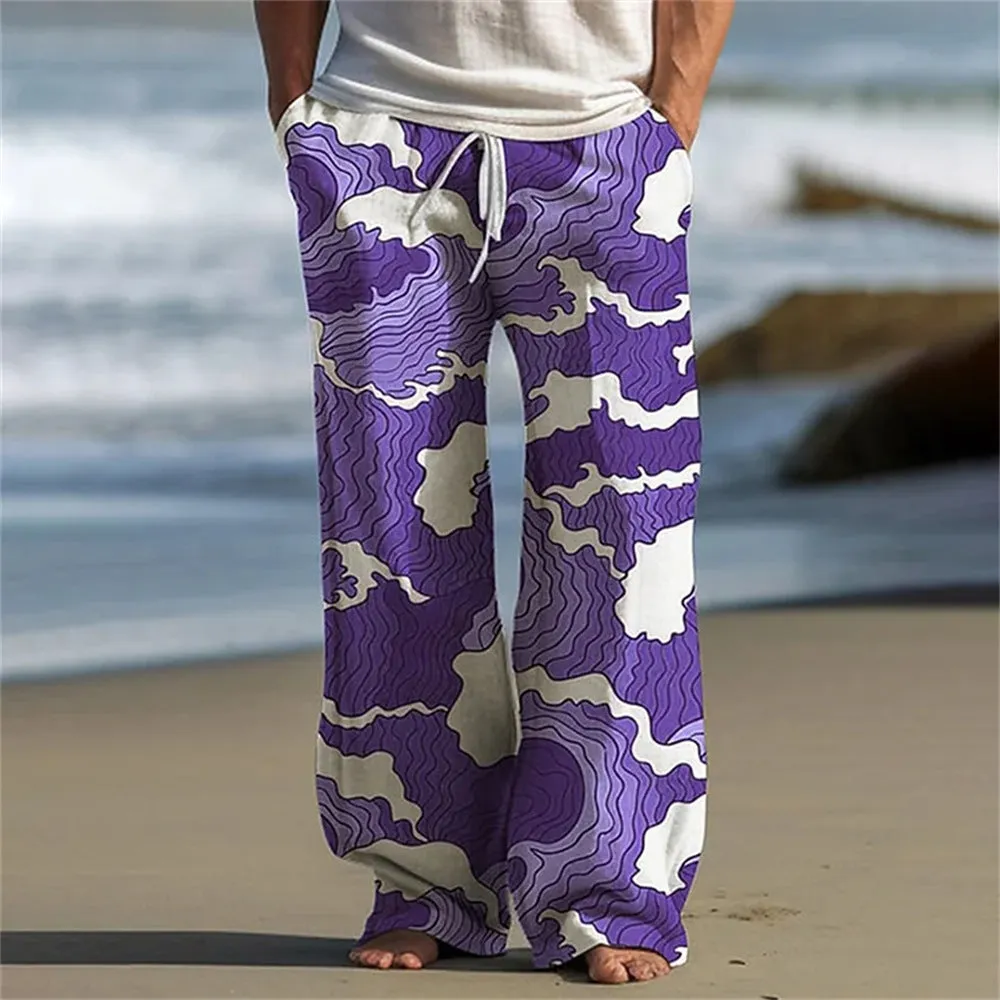 Men's loose casual pocket drawstring sweatpants in linen fabric, solid colour, side view