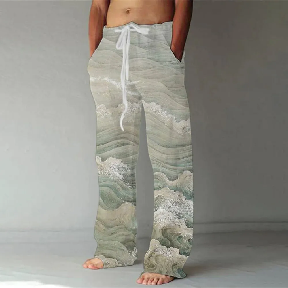 Men's loose casual pocket drawstring sweatpants in linen fabric, solid colour, side view