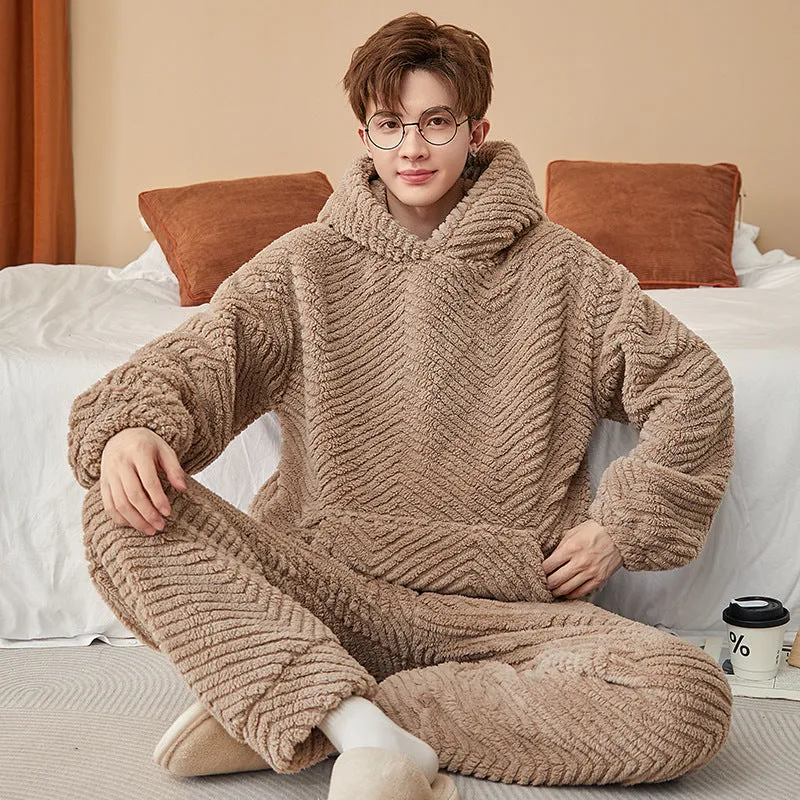 Men's coral fleece suit in gray with top and trousers, Japanese-style casual homewear