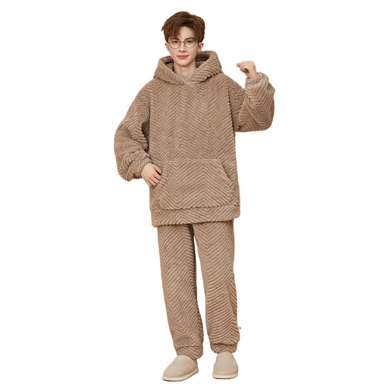 Men's coral fleece suit in gray with top and trousers, Japanese-style casual homewear