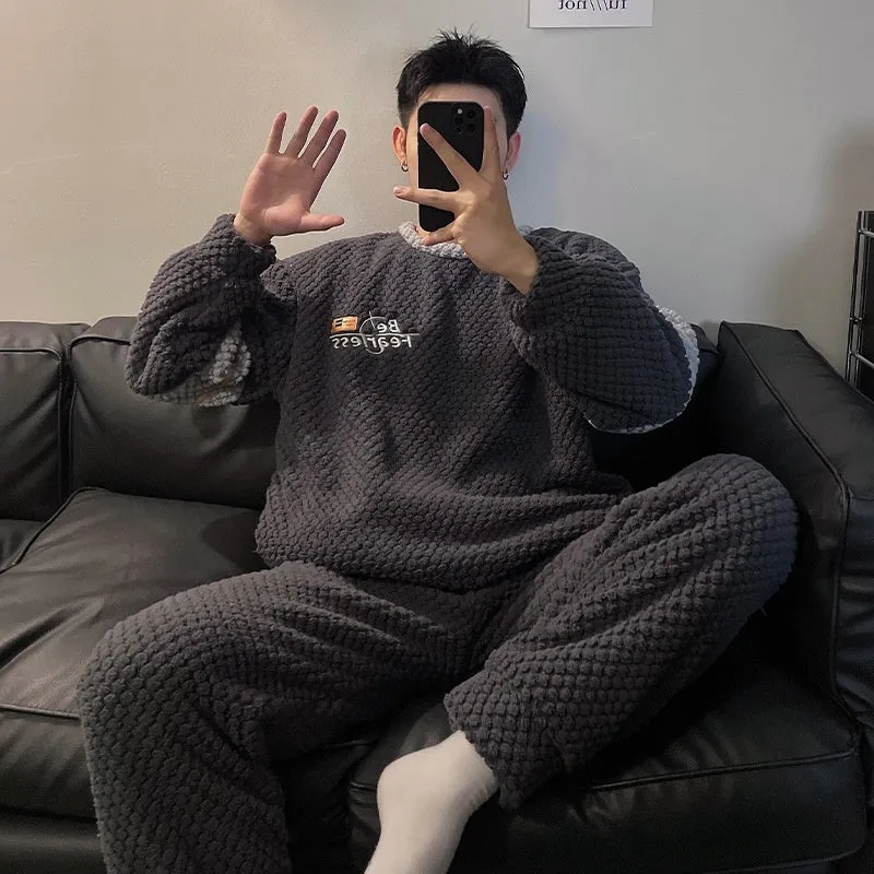Men's winter flannel pajama suit in jacquard velvet, polyester fibre, pullover style, sizes L to 3XL