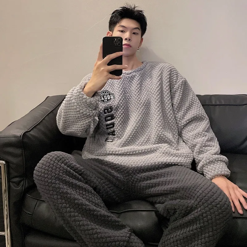 Men's winter flannel pajama suit in jacquard velvet, polyester fibre, pullover style, sizes L to 3XL