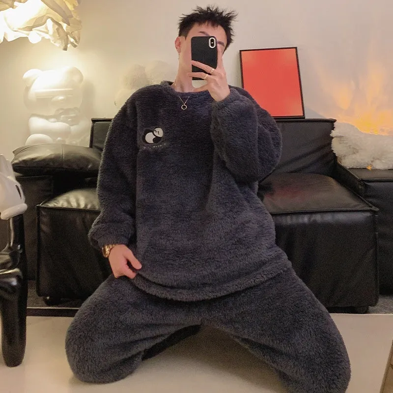Men's winter flannel pajama suit in jacquard velvet, polyester fibre, pullover style, sizes L to 3XL