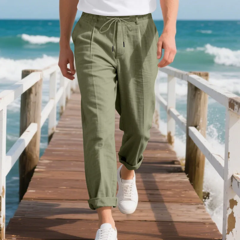 Men's linen casual trousers in loose straight-leg style with drawstring waist