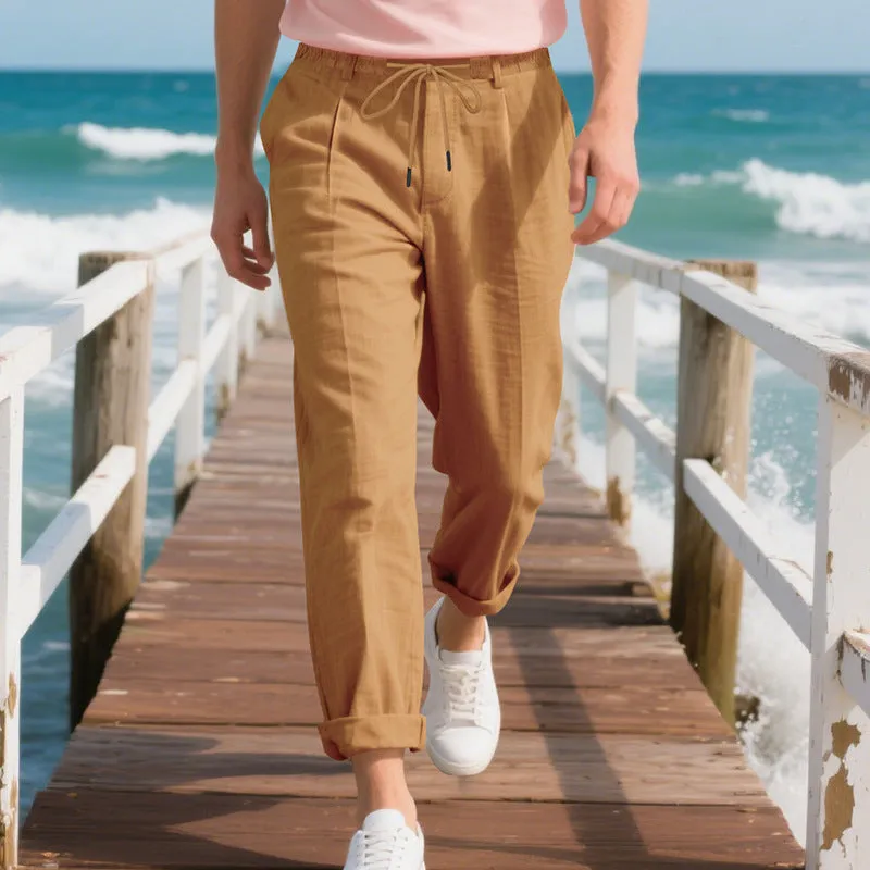 Men's linen casual trousers in loose straight-leg style with drawstring waist