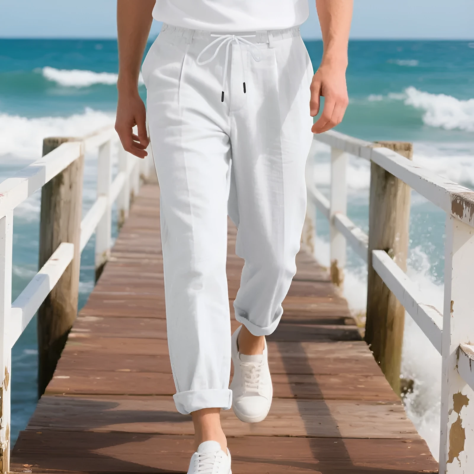 Men's linen casual trousers in loose straight-leg style with drawstring waist