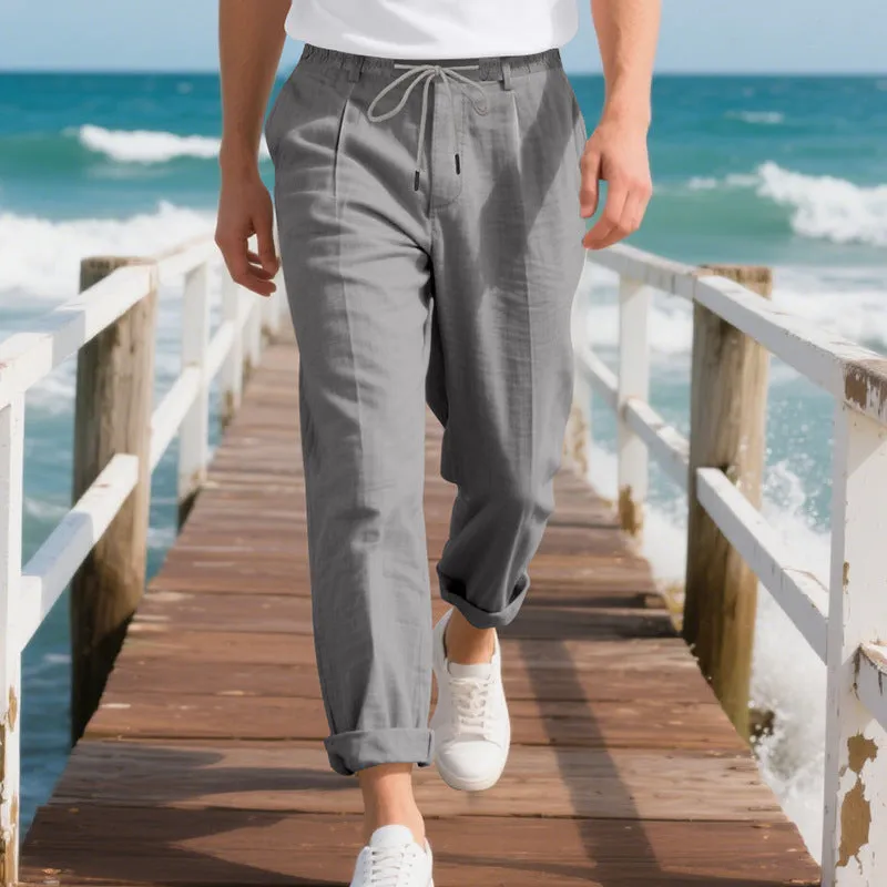 Men's linen casual trousers in loose straight-leg style with drawstring waist