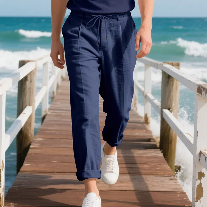 Men's linen casual trousers in loose straight-leg style with drawstring waist