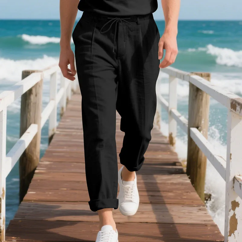 Men's linen casual trousers in loose straight-leg style with drawstring waist