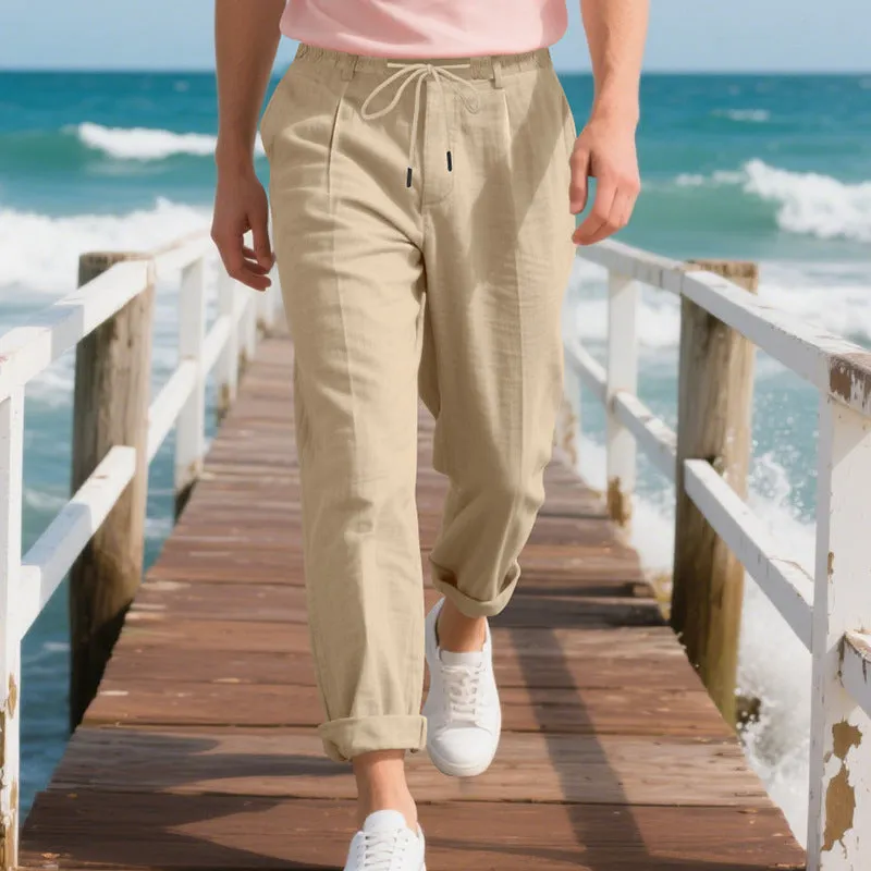 Men's linen casual trousers in loose straight-leg style with drawstring waist