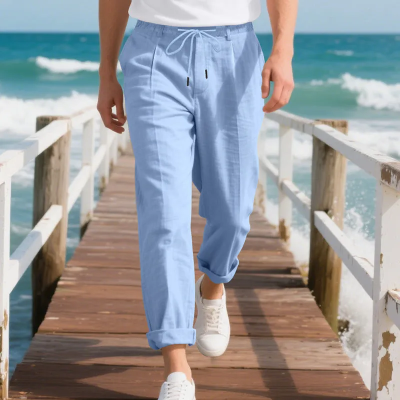 Men's linen casual trousers in loose straight-leg style with drawstring waist