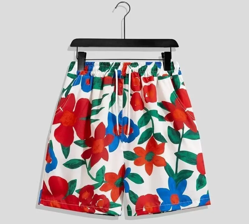 Men's casual geometric printed quick-drying polyester shorts in loose fit, mid waist, drawstring closure