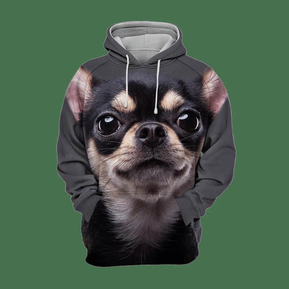 Animal dog 3D printed hoodie pullover in orange and black pattern on a fabric background