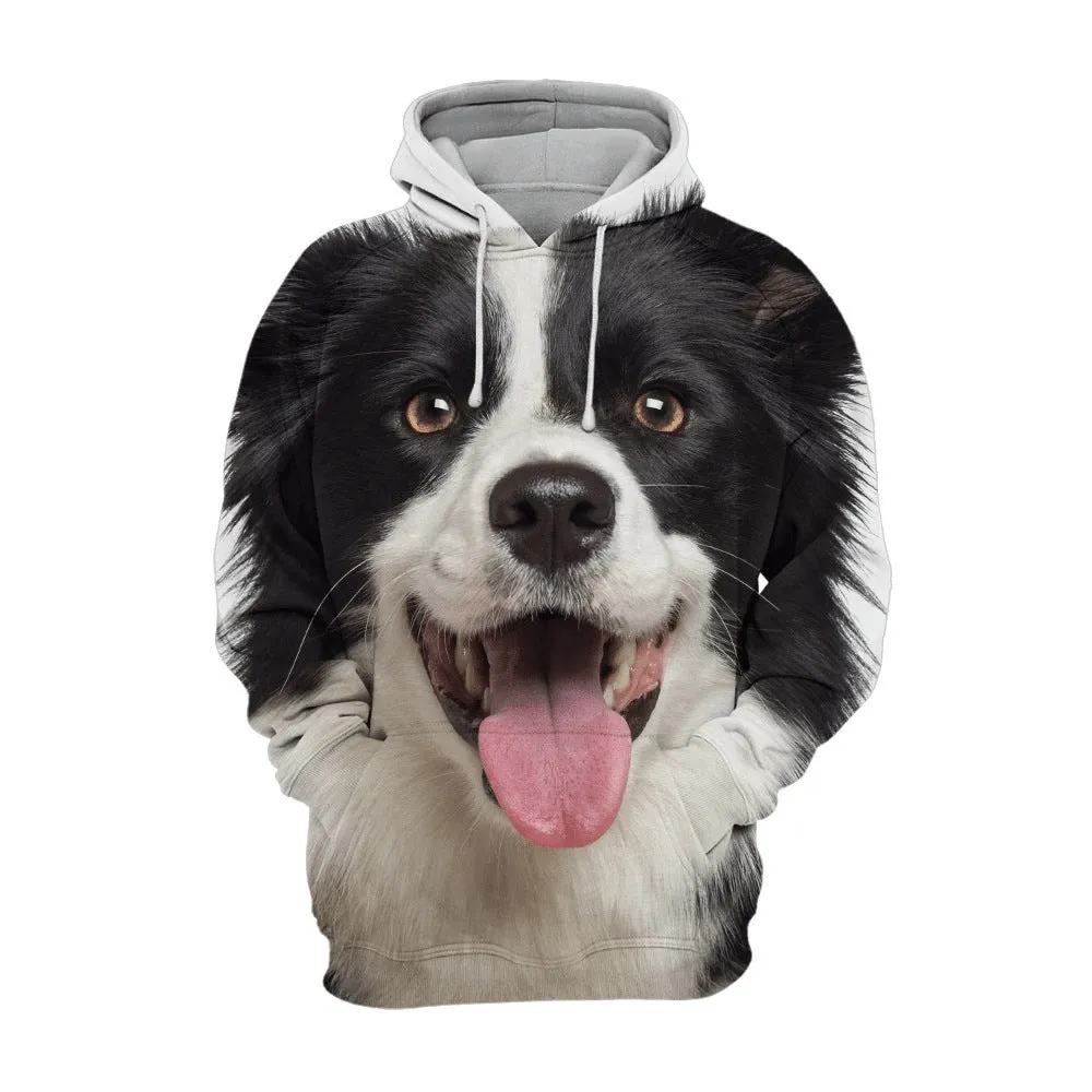 Animal dog 3D printed hoodie pullover in orange and black pattern on a fabric background