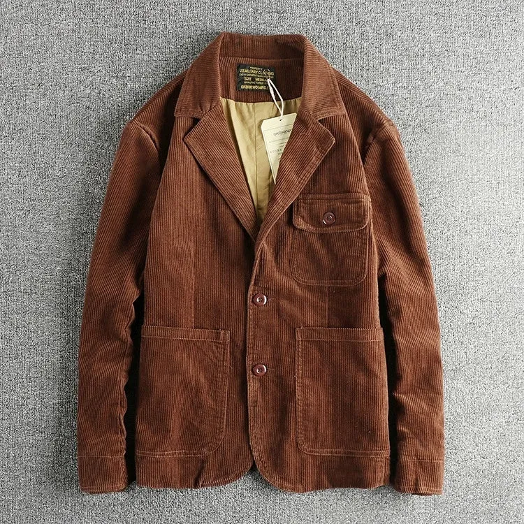 Heavy amekaji retro washed pure cotton corduroy casual jacket for men in brown