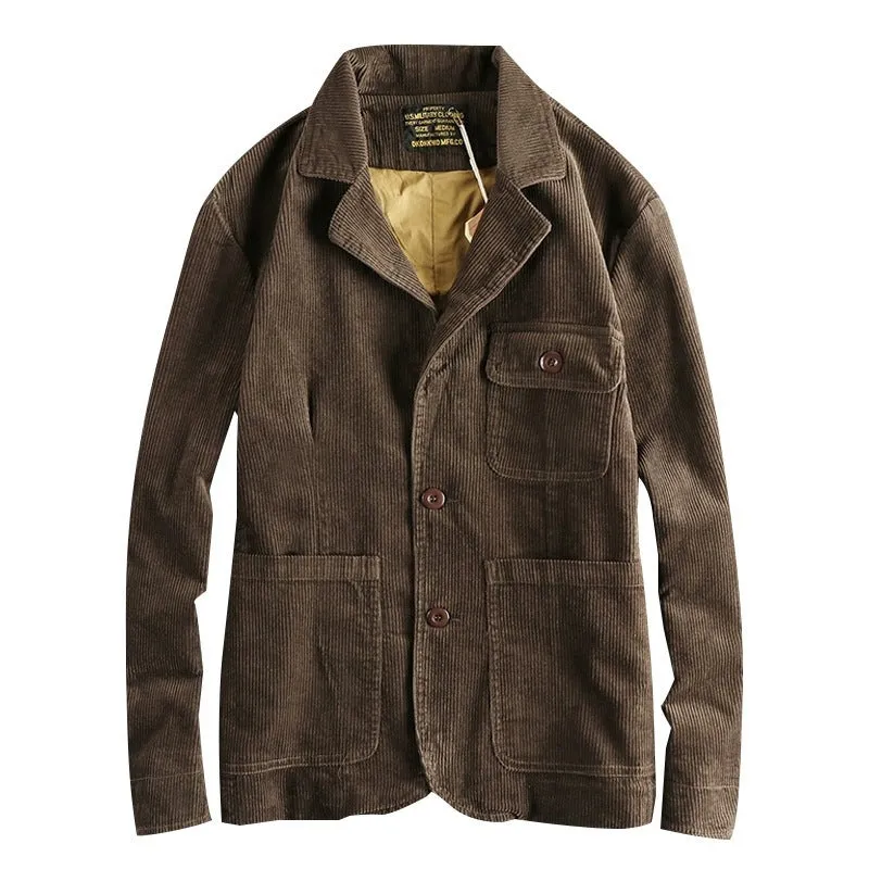 Heavy amekaji retro washed pure cotton corduroy casual jacket for men in brown