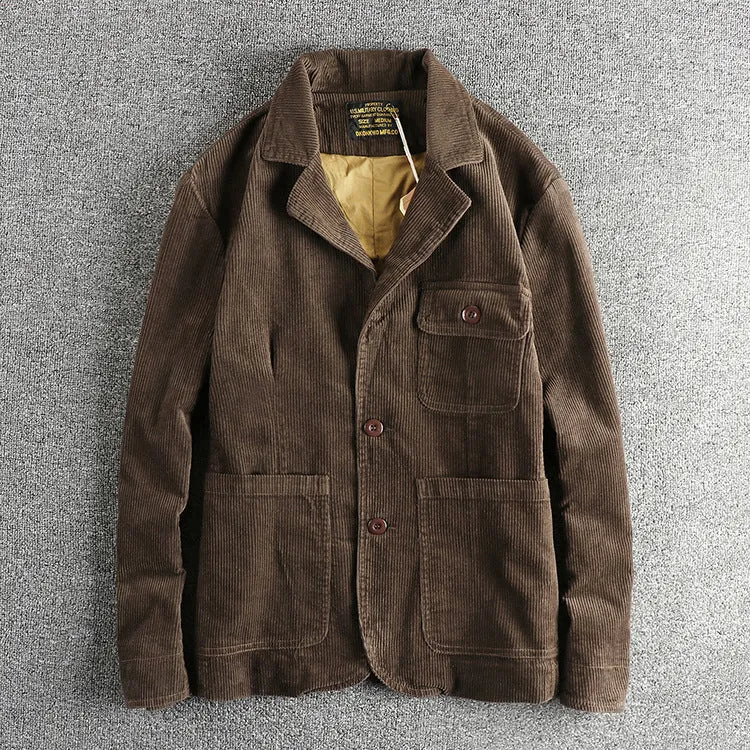 Heavy amekaji retro washed pure cotton corduroy casual jacket for men in brown