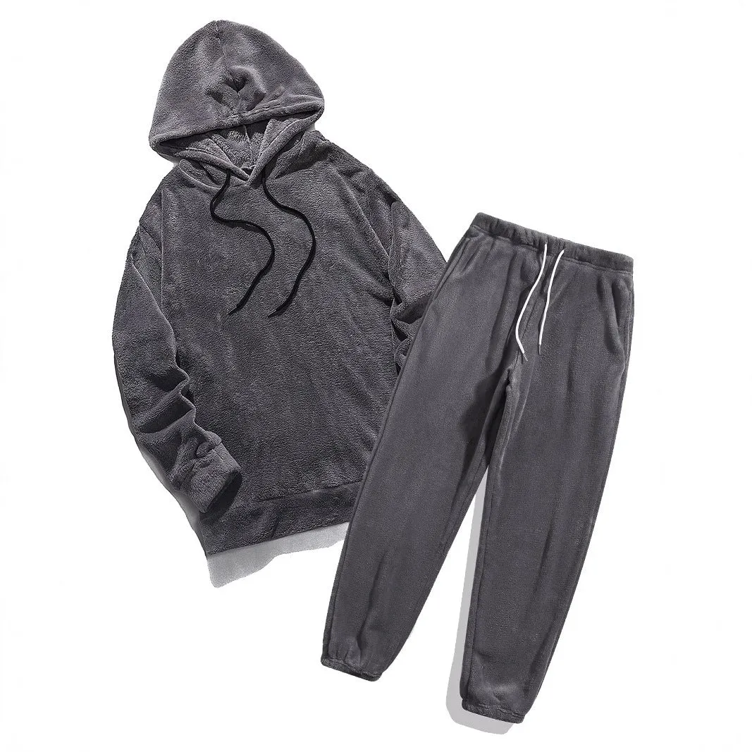 Women's coral fleece coat set with long sleeve top and trousers in black polyester fibre