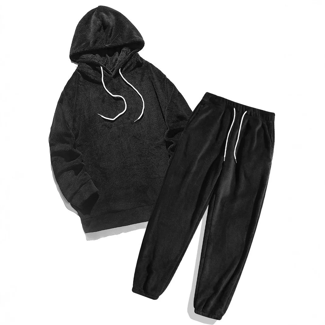 Women's coral fleece coat set with long sleeve top and trousers in black polyester fibre