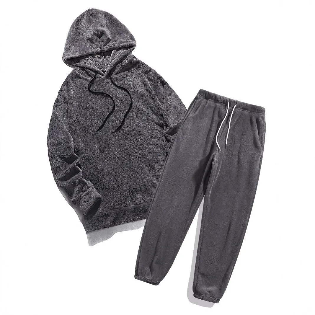 Women's coral fleece coat set with long sleeve top and trousers in black polyester fibre