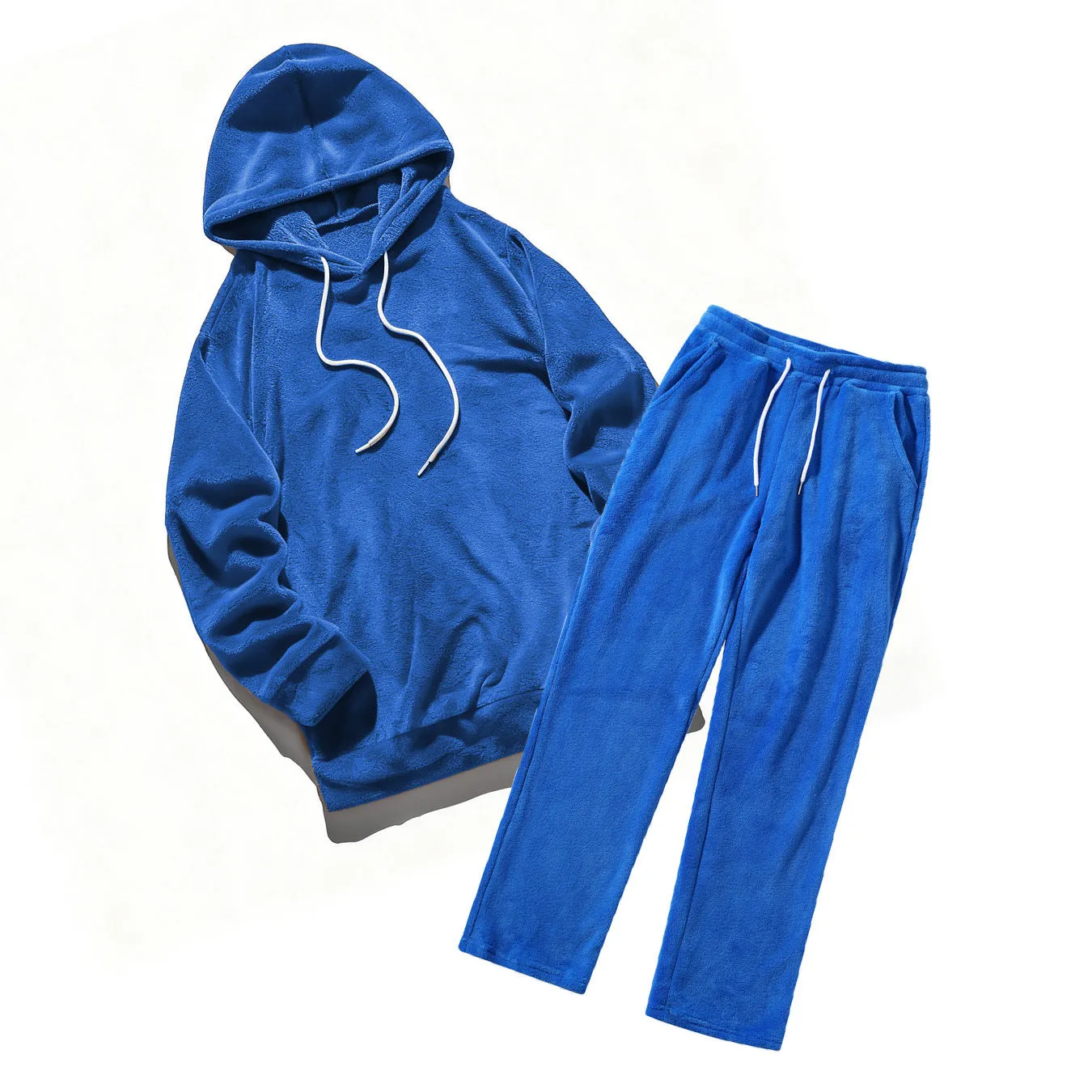 Women's coral fleece coat set with long sleeve top and trousers in black polyester fibre