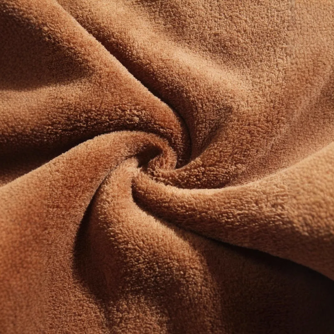 Women's coral fleece coat set with long sleeve top and trousers in black polyester fibre