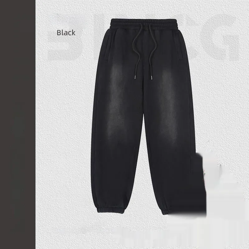 Black men's loose cotton sports sweatpants with wool lining, straight leg style