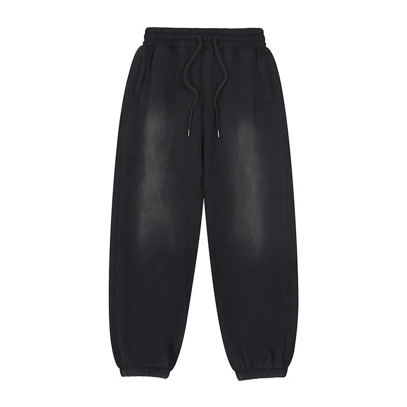 Black men's loose cotton sports sweatpants with wool lining, straight leg style