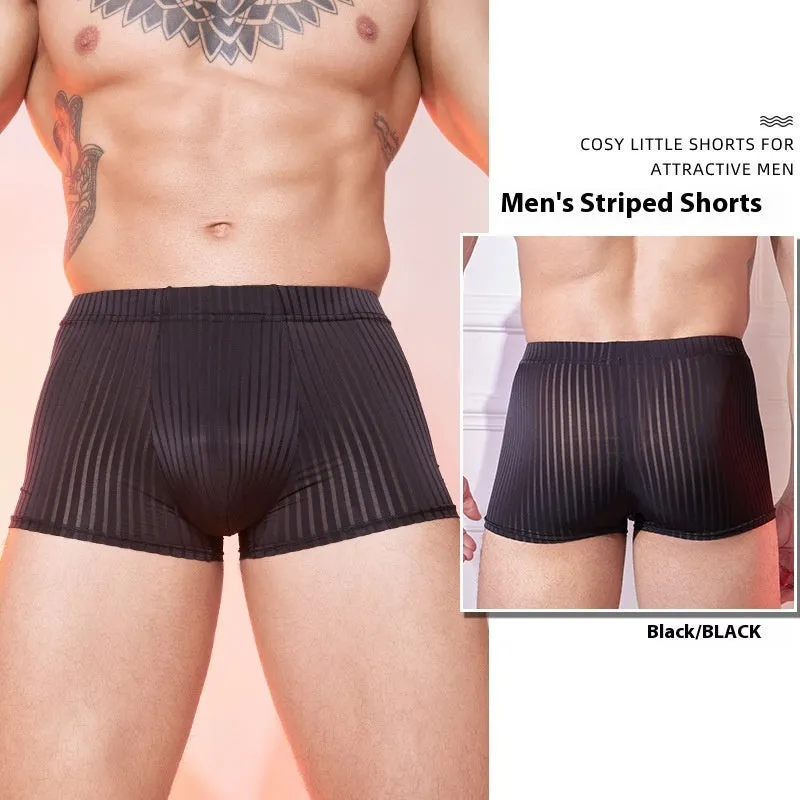 Men's thin striped nylon underwear in black, white, and dark grey on a white background.
