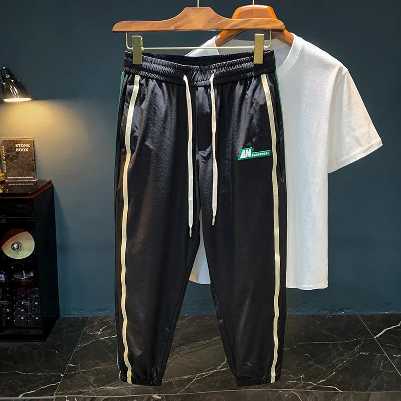 Men's black or grey ice silk cotton harem trousers with elastic mid waist and trousers length