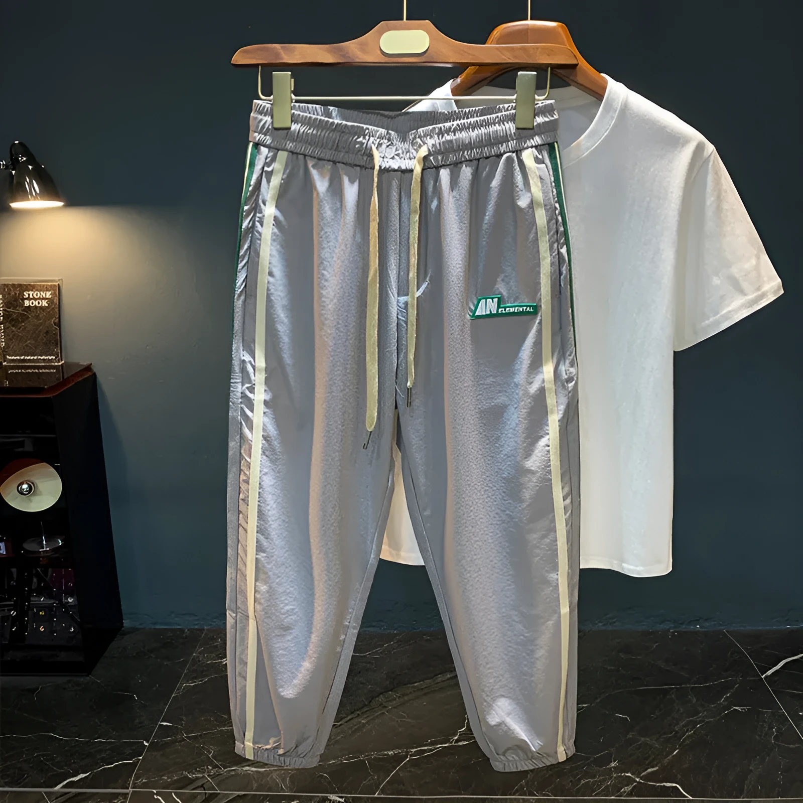 Men's black or grey ice silk cotton harem trousers with elastic mid waist and trousers length
