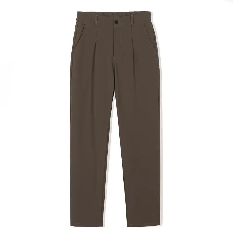 Men's slim fit straight casual trousers in black, brown, dark gray, and khaki cotton blend fabric sizes 28 to 40