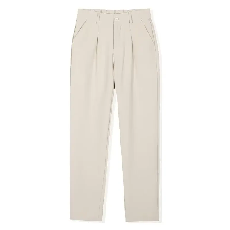 Men's slim fit straight casual trousers in black, brown, dark gray, and khaki cotton blend fabric sizes 28 to 40