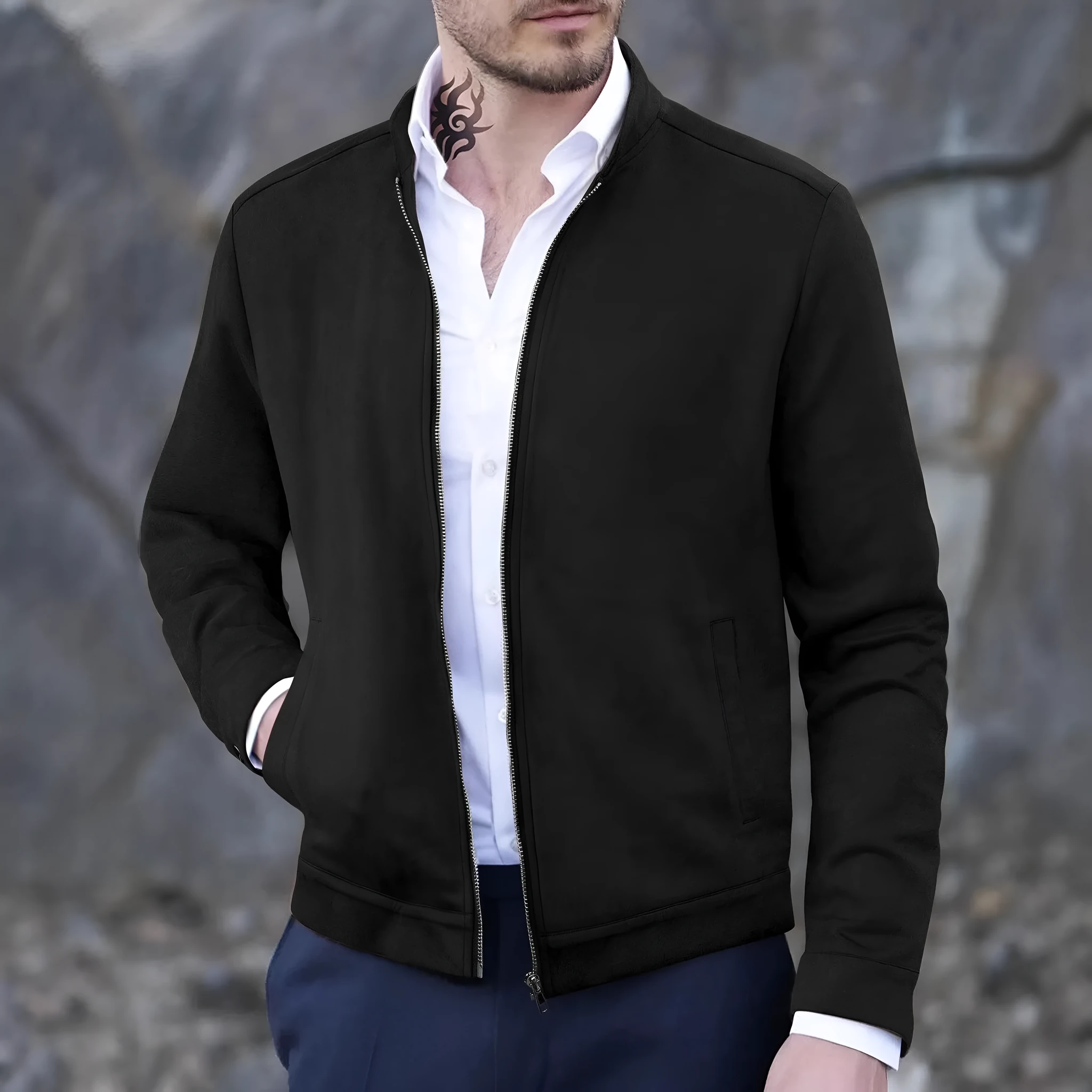 Men's slim fit stand collar jacket solid colour casual winter outerwear front view