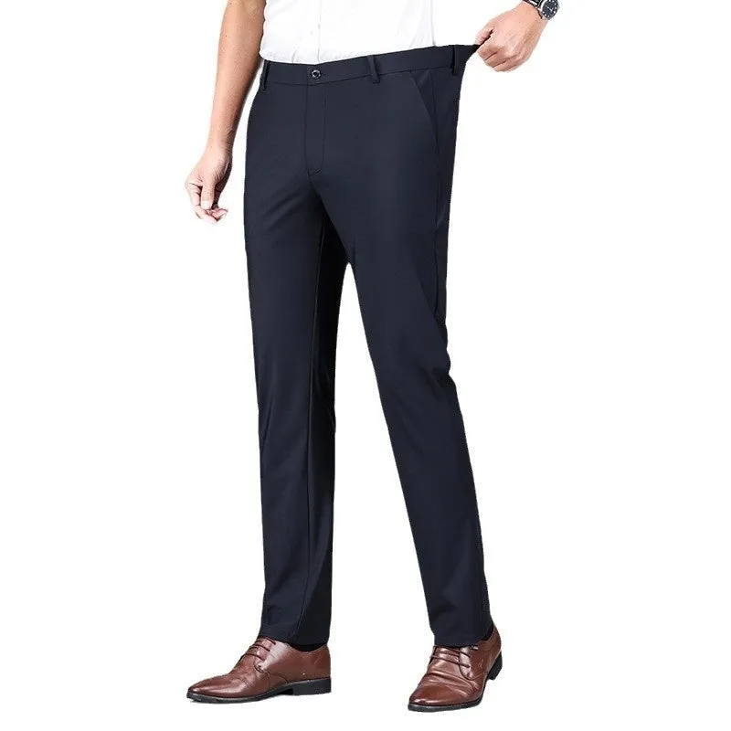 Fleece-lined men's straight leg trousers in black, side view showing draping effect