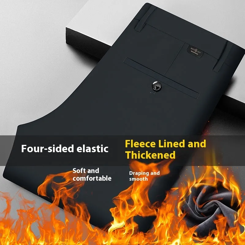 Fleece-lined men's straight leg trousers in black, side view showing draping effect