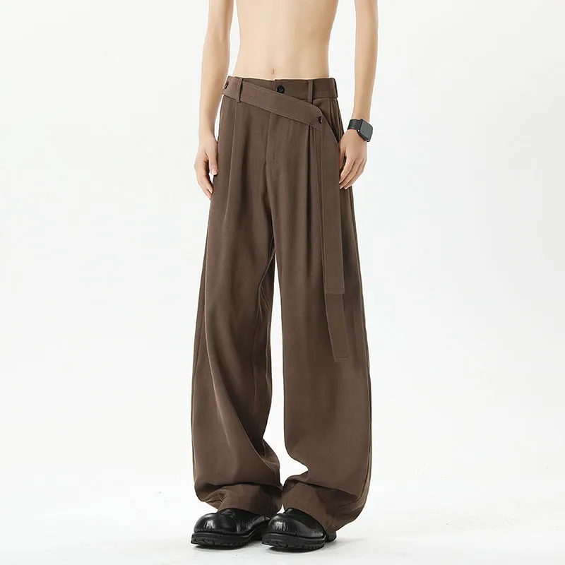 Men's plus size loose fit cotton blend casual trousers with ribbon oblique belt in black