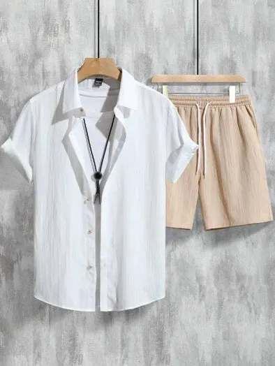 Men's 3D printed Hawaiian shirt and matching shorts casual summer outfit