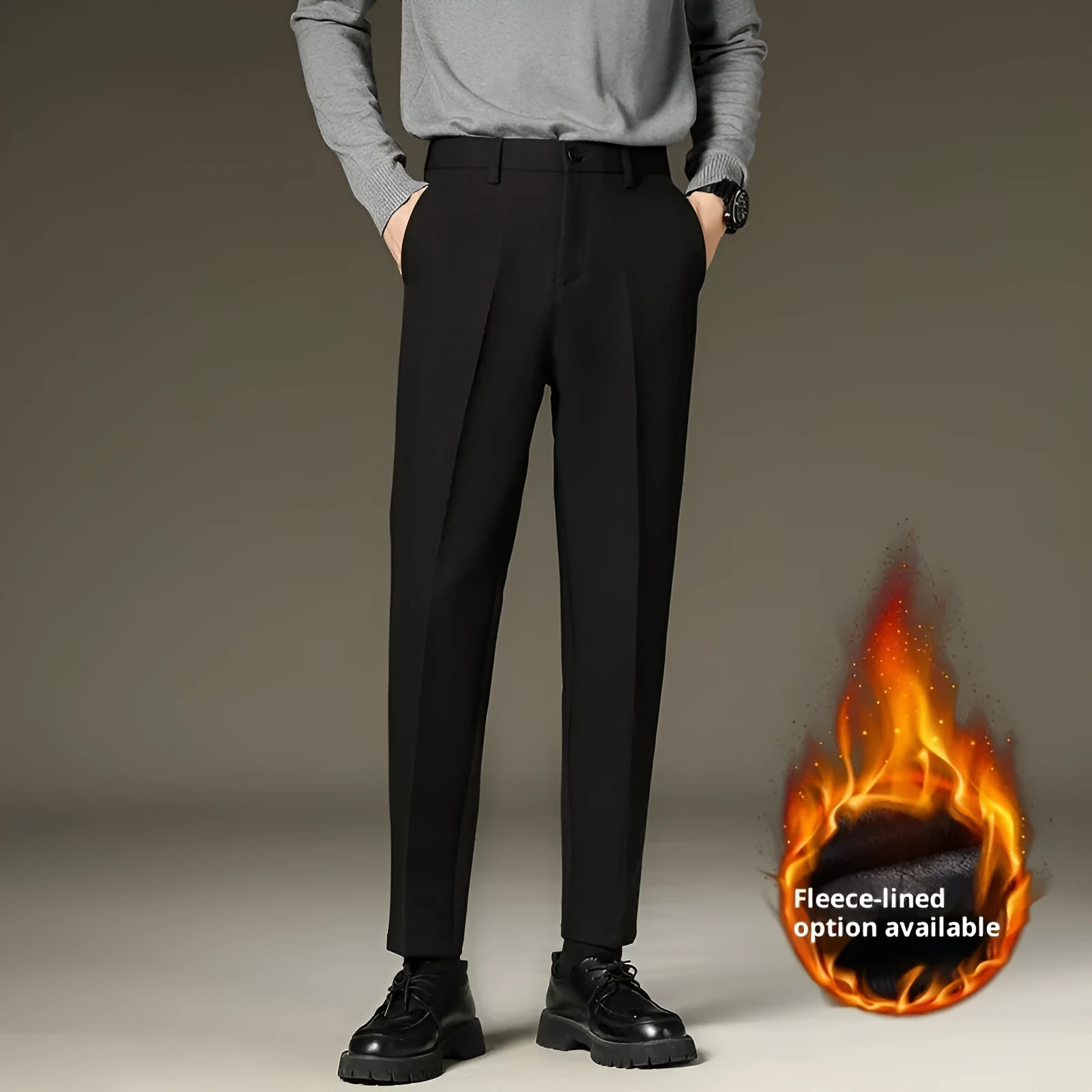 Men's black straight-leg fleece padded suit pants with wool lining, zipper fly, and mid-waist fit